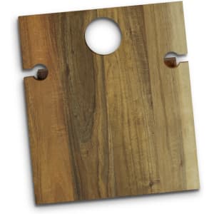A wooden folding wine table in shades of brown, featuring a circular cut-out and two side notches.