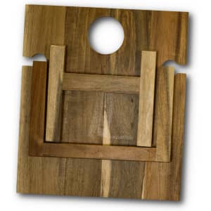 A wooden folding wine table in natural tones with a circular cutout and a logo.