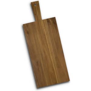 A wooden chopping board with a handle, featuring a smooth, natural finish in a warm brown hue.