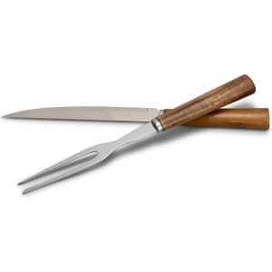 A carving set with a stainless steel knife and fork, featuring wooden handles. Ideal for home and living use.