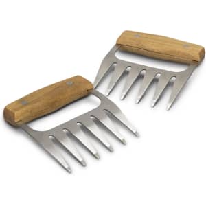 A pair of stainless steel meat shredding claws with wooden handles. They have a rugged design for easy gripping.