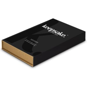A black box with a gold interior, featuring a logo, designed to hold Keepsake Salad Servers.
