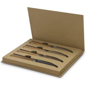 A steak knife set featuring four knives with wooden handles, presented in a kraft box.
