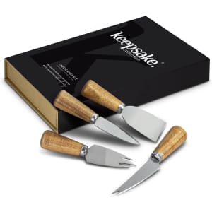 A cheese knife set in a black box, featuring three stainless steel knives with wooden handles.