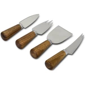 A cheese knife set featuring four stainless steel knives with wooden handles. Includes a variety of blade shapes for different cheeses.