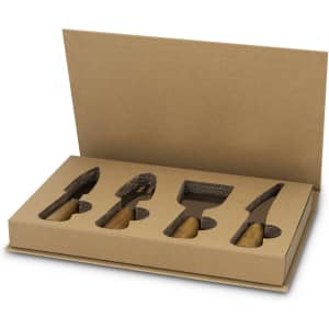 A cheese knife set with wooden handles in a crafted box, featuring various knife styles. The box is brown.