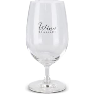 A clear glass wine glass with a delicate stem, featuring a subtle logo on one side.