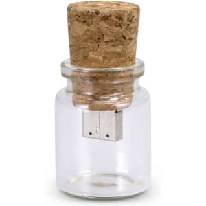 A drink bottle-shaped flash drive with an 8GB capacity, featuring a cork lid and a glass body.
