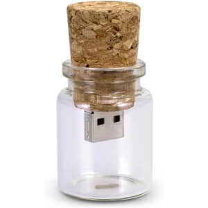 A drink bottle-shaped flash drive with a cork stopper, featuring a silver USB connector, in clear glass.