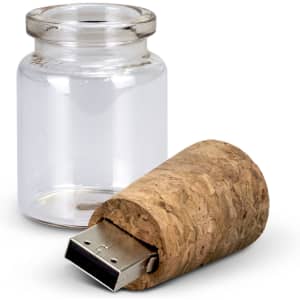 A clear glass bottle with a cork lid and an attached USB flash drive. The flash drive has a silver metal connector.