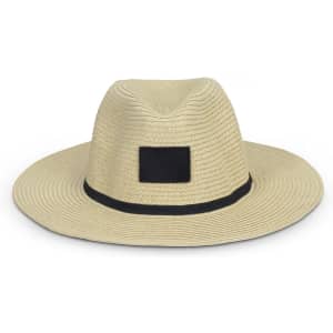 A beige wide-brim hat with a black band and an attached logo.