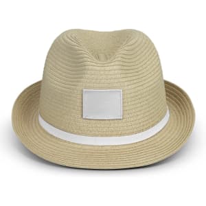 A straw fedora hat in light beige with a white band, featuring a blank patch for branding.