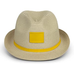 A beige fedora hat with a yellow band and a blank patch for branding.