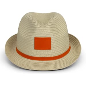 A straw fedora hat in light beige with an orange band and a blank area for branding.