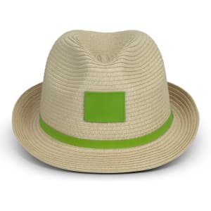 A Bruno Fedora Hat in a light beige colour with a green band and a blank logo area.