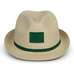 A tan fedora hat featuring a green band and a square patch area for branding.