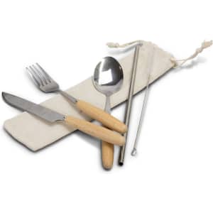 A stainless steel cutlery set with wooden handles, including a knife, fork, spoon, straw, and cleaning brush in a pouch.