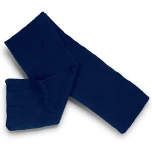 A navy blue ribbed scarf with a soft texture, neatly arranged on a white background. It features a logo.