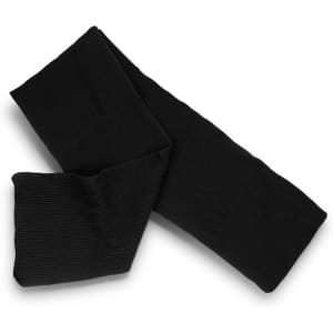 A black ribbed Denali Scarf, featuring a soft texture and a simple design. It includes a branding logo.