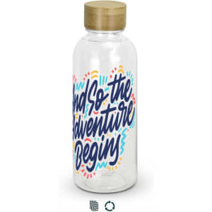 A drink bottle made of clear glass with a bamboo lid and colourful text design. It features a logo on the front.