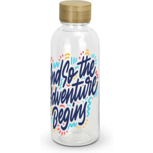 A clear drink bottle with a wooden lid featuring colourful, artistic designs. It has a logo on the surface.