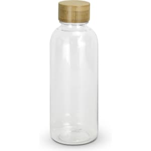A drink bottle made of clear material with a wooden lid. It features a simple, sleek design.