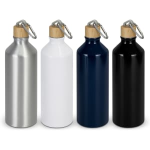 A drink bottle collection featuring silver, white, navy, and black aluminium bottles with bamboo lids and carabiners.