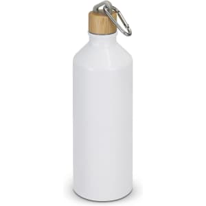 A drink bottle in white aluminium with a bamboo top and metal carabiner.