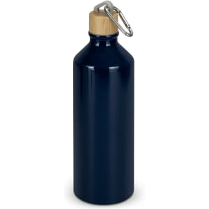 A drink bottle in navy blue with a bamboo cap and a metal carabiner attached. It features a logo.