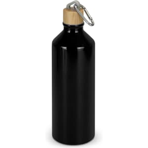 A drink bottle in sleek black with a wooden cap and a metal clip for easy carrying.
