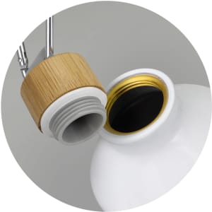 A drink bottle with a white body, featuring a wooden top and a gold inner cap. It includes a logo.