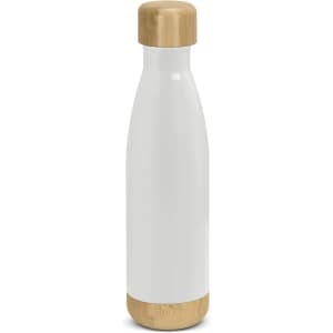 A drink bottle featuring a sleek white design with bamboo accents on the top and bottom. It has a logo.