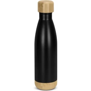 A drink bottle featuring a sleek black design with a bamboo base and wooden lid.