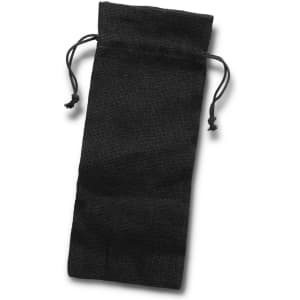 A black jute drawstring bag with two tied cords at the top and a simple design. It features a logo.