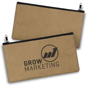 A brown Kraft pencil case featuring a decorative logo on one side and a zip closure.