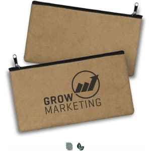 A brown Kraft pencil case with a zip closure and a logo printed on the front.