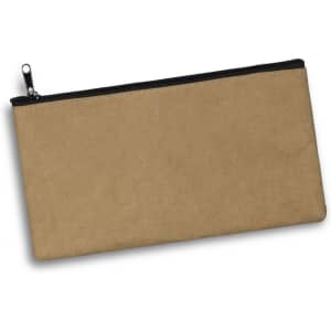 A kraft pencil case in a brown hue, featuring a black zip closure and a simple design.