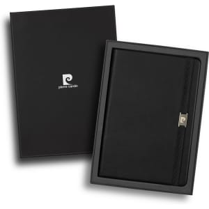 A black notebook with a leather-like cover presented in a stylish black gift box, featuring a logo.