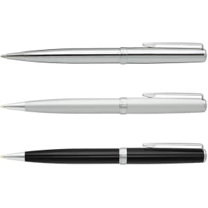 A set of three pens in silver, chrome, and black, featuring sleek designs and clips. Each pen has a logo.