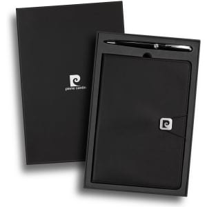 A black notebook and silver pen presented in a sleek black gift box, featuring a logo on the notebook.