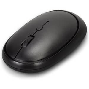 A black wireless travel mouse featuring a scroll wheel and a smooth ergonomic design. It has a logo on the surface.