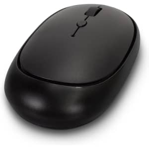 A black wireless travel mouse featuring a smooth design and a scroll wheel, with a logo on its surface.