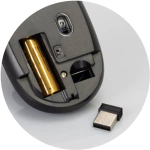 A wireless travel mouse in black, featuring a battery compartment and a USB receiver.