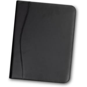 A black leather portfolio featuring smooth edges and a logo, designed for office and business use.