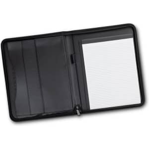 A black leather portfolio with sections for cards and a lined notepad inside. It features a sleek design and a logo.