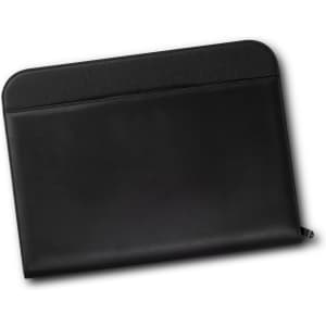 A black travel portfolio case featuring a smooth exterior and a sleek design. It includes a logo on the surface.