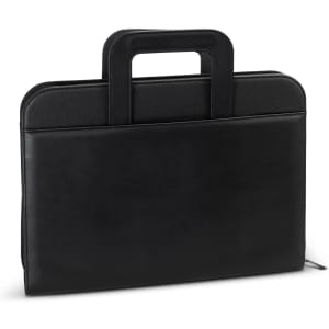 A black portfolio case with a top handle and a smooth finish, featuring an exterior pocket.