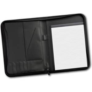 A black travel portfolio case featuring multiple pockets and a lined notepad inside.