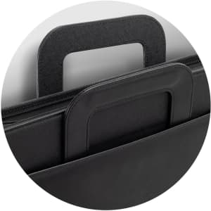 A black portfolio case featuring a dual handle design, suitable for carrying documents and materials.