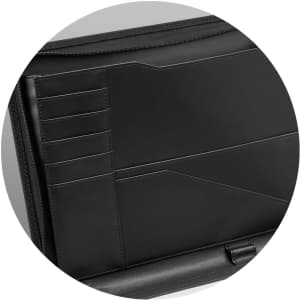A black travel portfolio case featuring multiple pockets and card slots, made from sleek material.